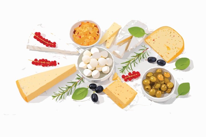 Overhead view of a gourmet cheese and appetizer platter with olives and herbs.