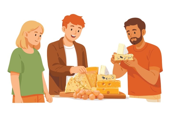 Group of diverse friends tasting different types of artisan cheese together.