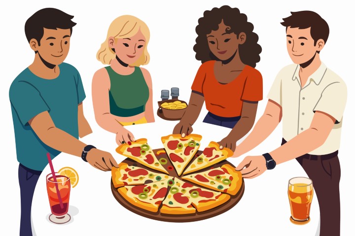Young and dynamic crew gathering around a large pizza and enjoying the moment.