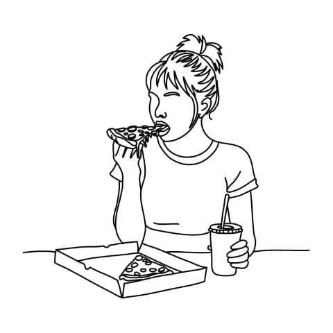 A girl who loves a slice of pizza can add elegance to a fast food menu with a hand-drawn drawing.