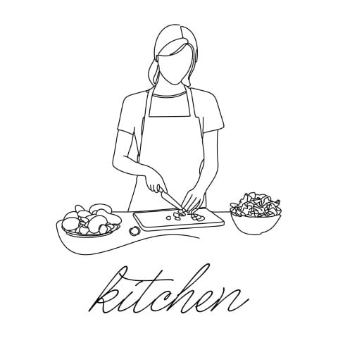 Woman cutting vegetables in the kitchen, preparing a healthy salad, simple line style.