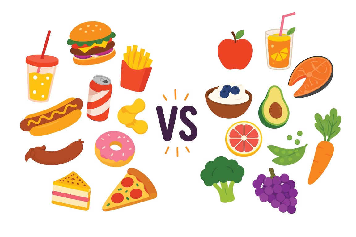 Unhealthy junk food versus fresh and nutritious food comparison with a VS symbol in the center.