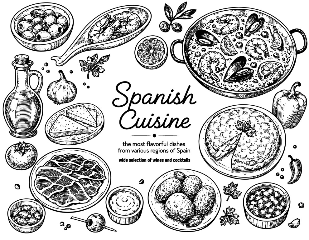 Traditional Spanish cuisine food elements with paella and tapas.