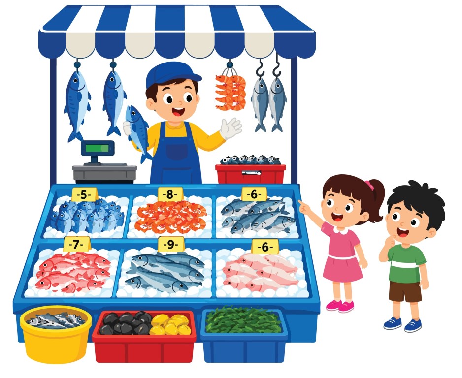 Fresh fish and seafood stall local market with seller and customers.