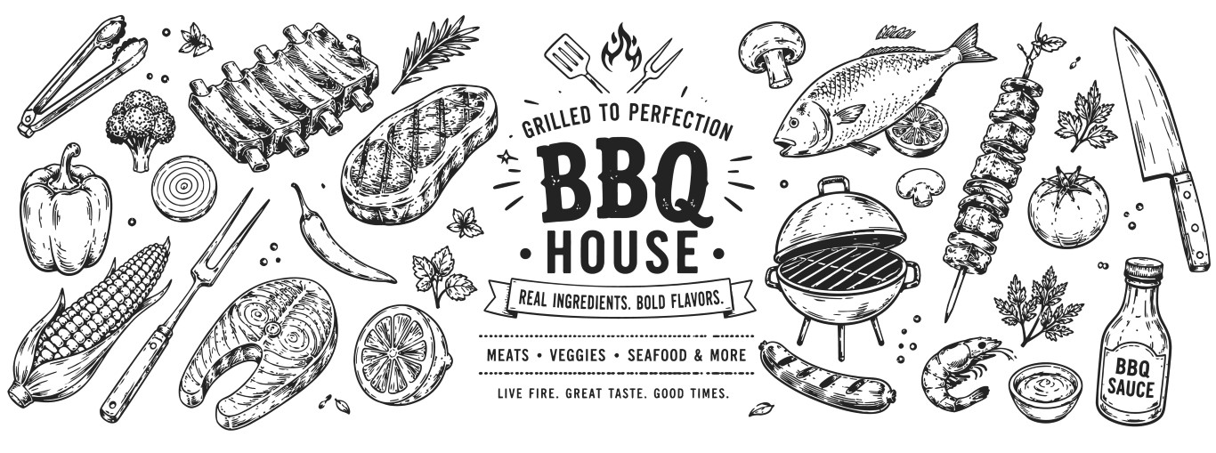 Vintage hand drawn barbecue house banner with various grilled meats and vegetables.