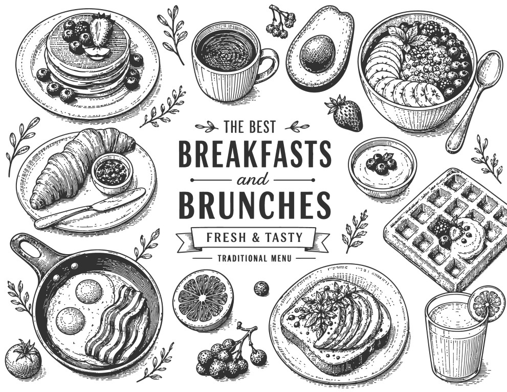 The best breakfasts and brunches traditional fresh and tasty menu spread.