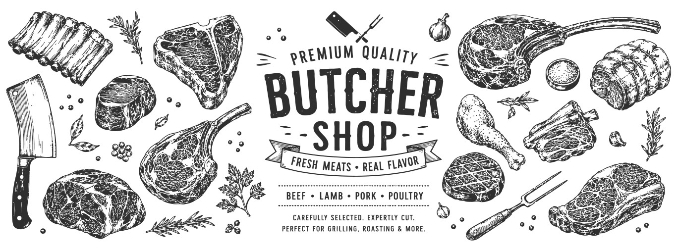 Premium quality butcher shop fresh meat cuts elements hand drawn set.