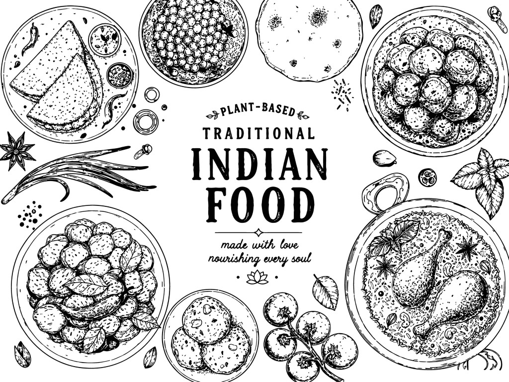 Plant based traditional indian food dishes elements hand drawn set.
