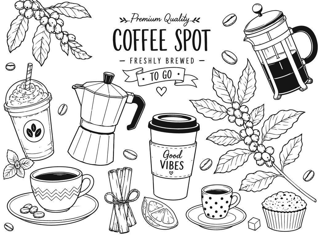 Premium quality coffee spot freshly brewed drinks elements hand drawn set.