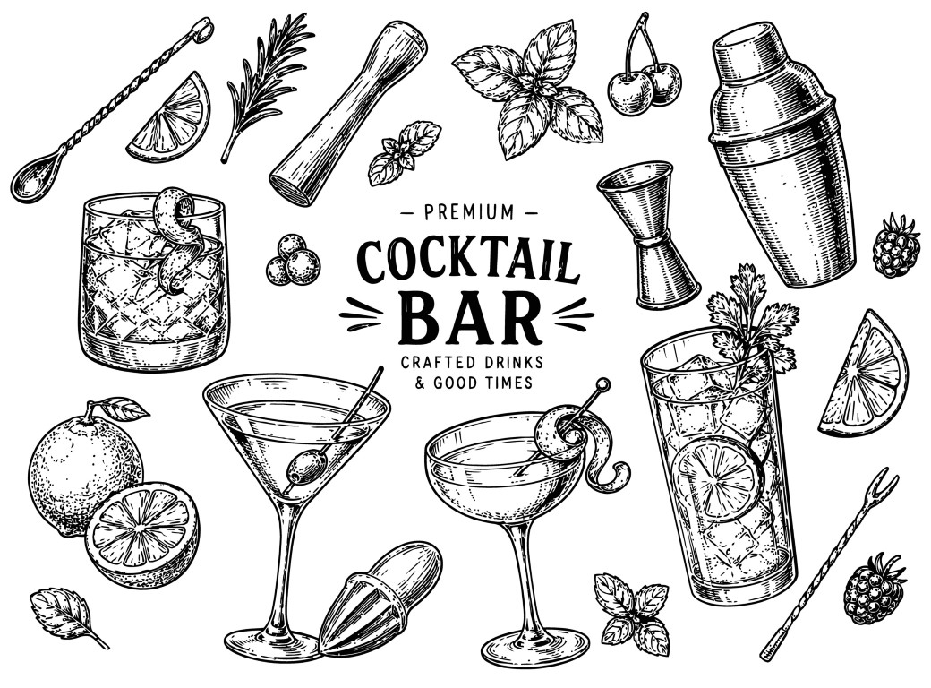 Premium cocktail bar crafted drinks and cocktail preparation accessories.