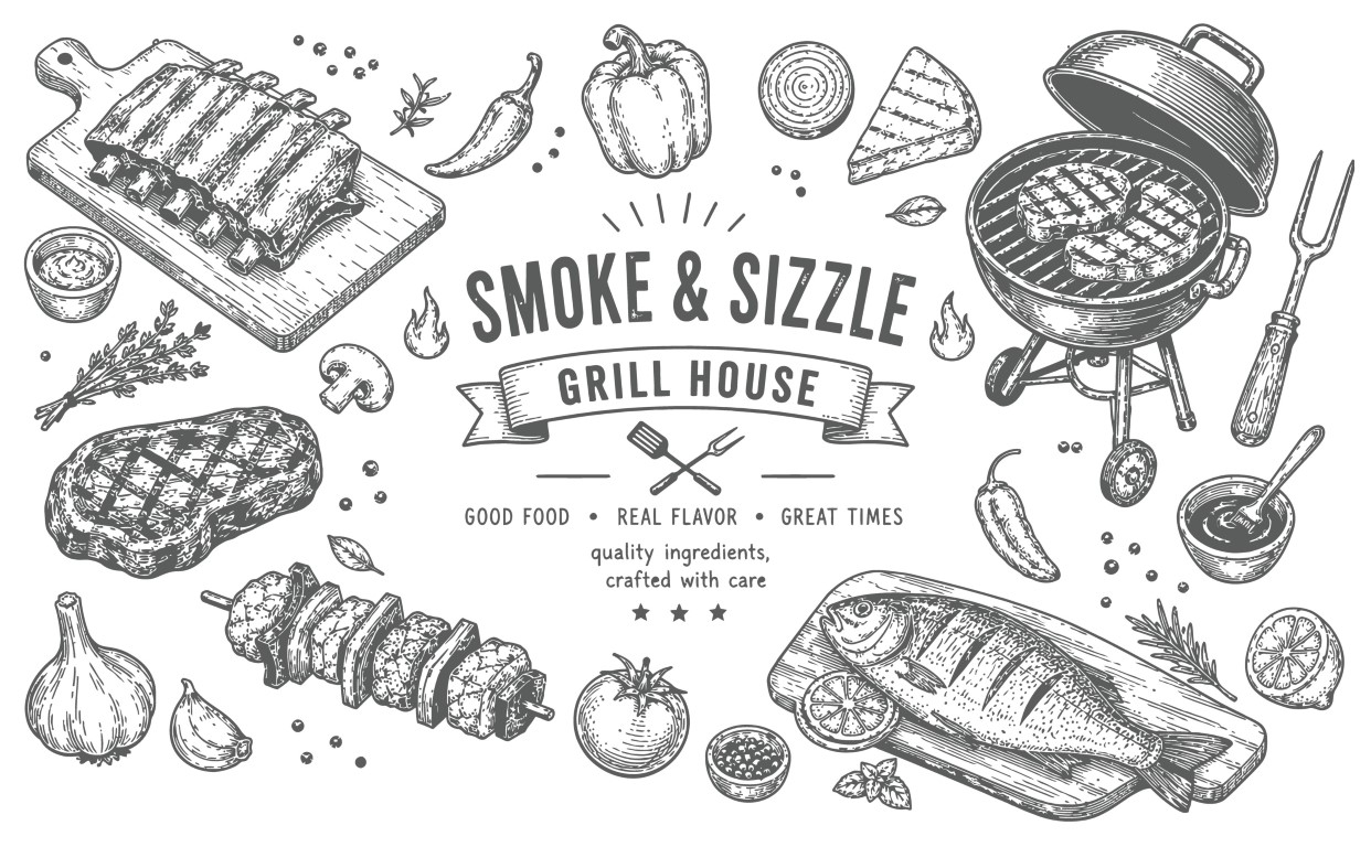 Smoke and sizzle grill house poster featuring premium raw and grilled ingredients.