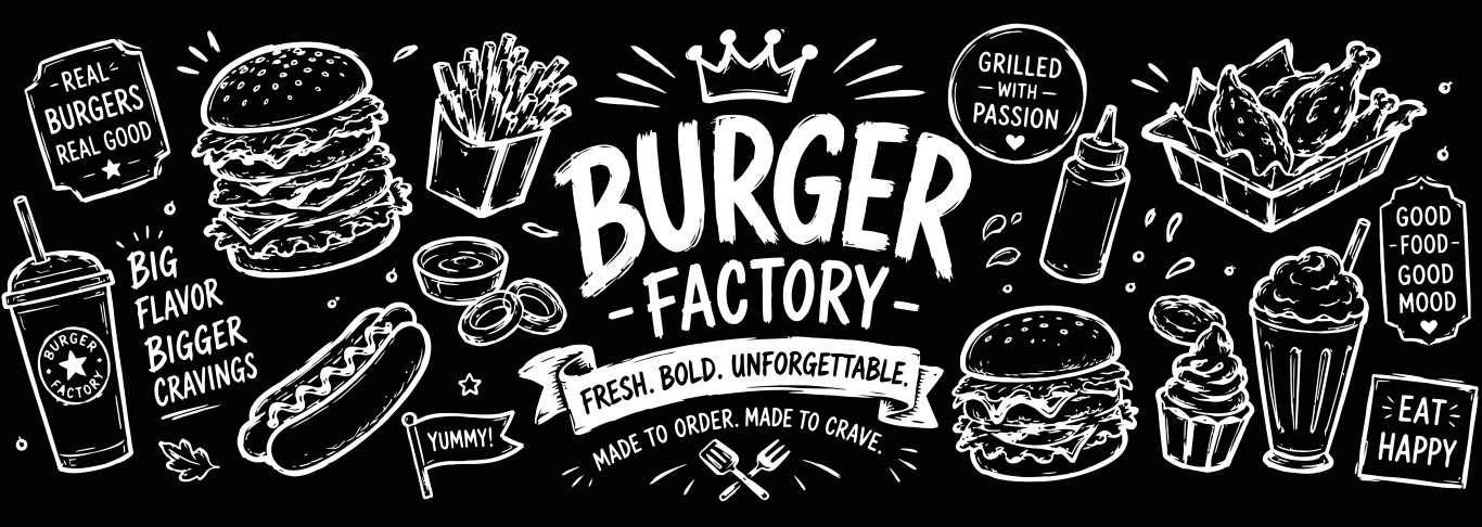 Burger factory horizontal banner with large assortment of hand drawn fast food products.