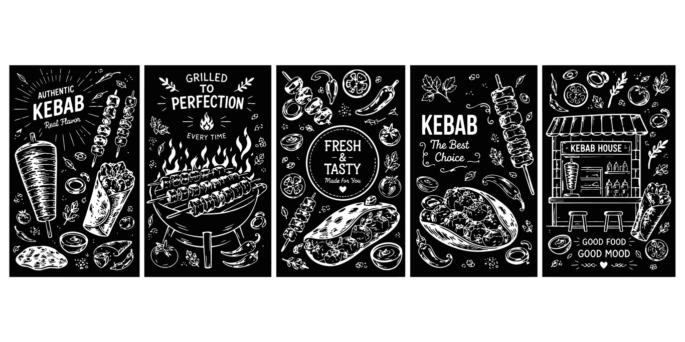 Authentic kebab house banners pack with variety of grilled meats and wraps on black.