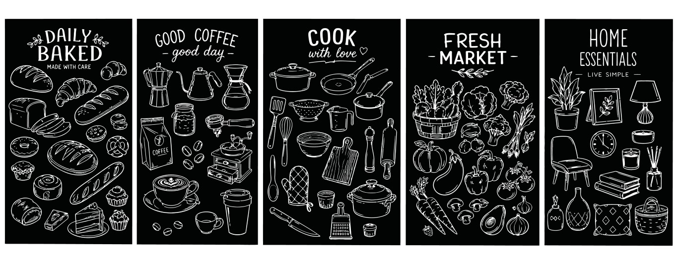 Daily baked goods coffee kitchen utensils fresh vegetables and home essentials blackboard templates.