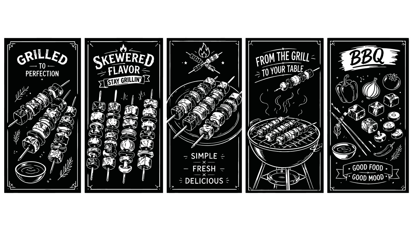 Grilled to perfection skewer flavor barbecue vertical banners collection on black background.