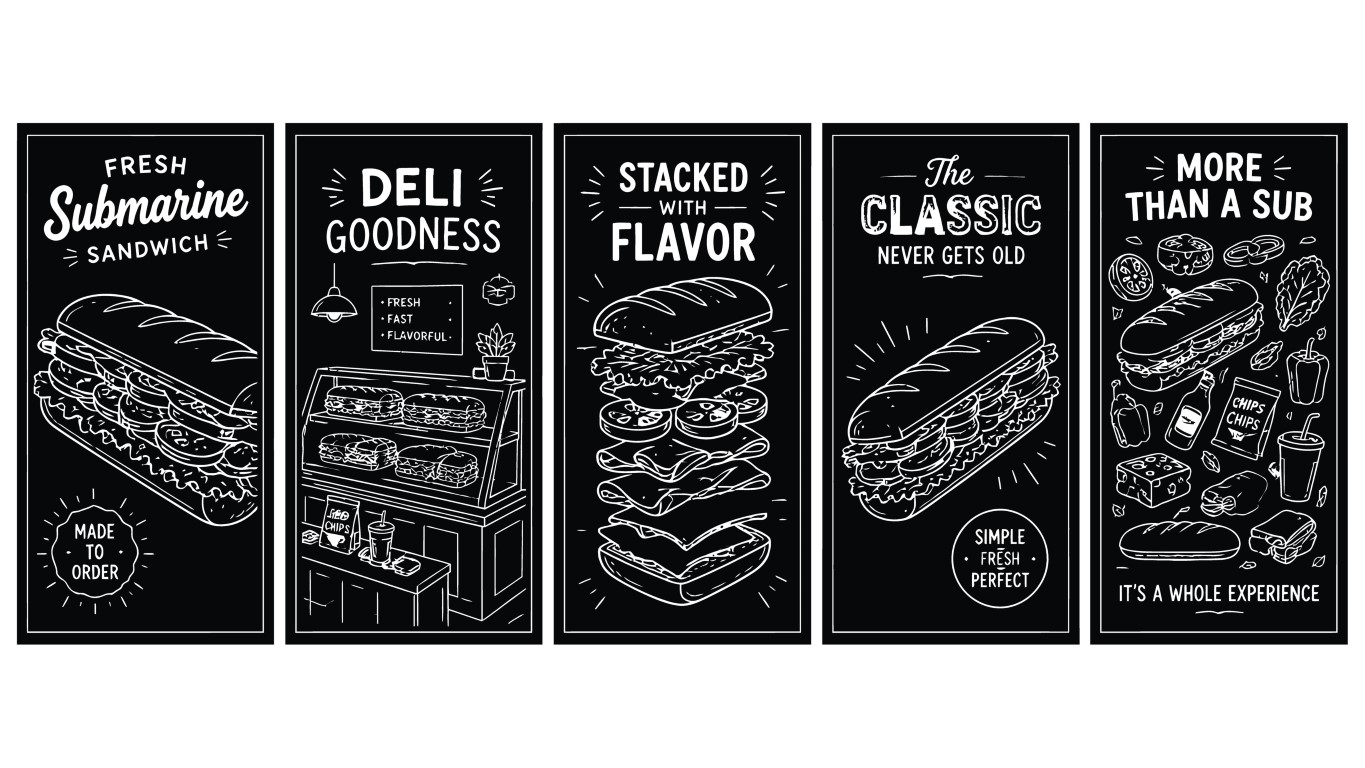 Fresh submarine sandwich and deli goodness vertical banners bundle on black backgrounds.