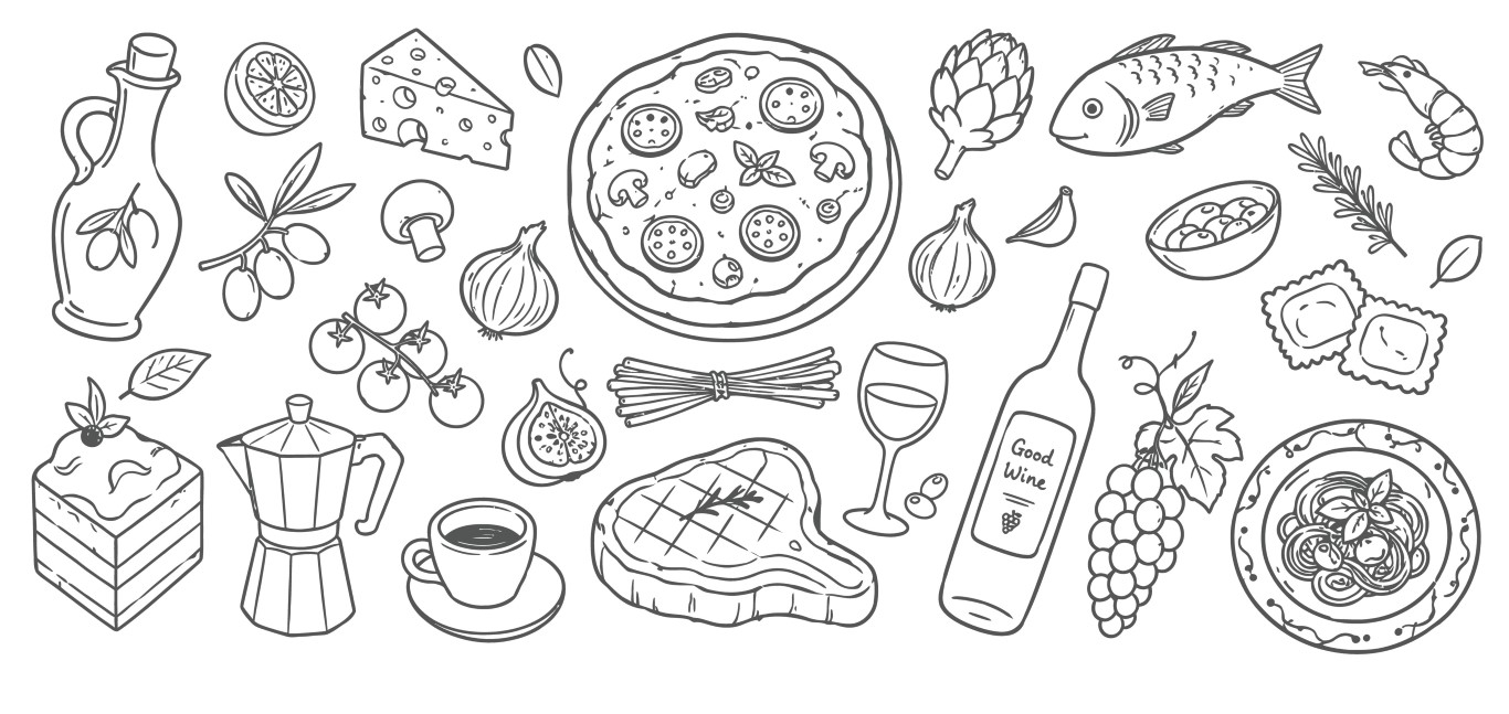 Italian cuisine and Mediterranean food ingredients hand drawn set.