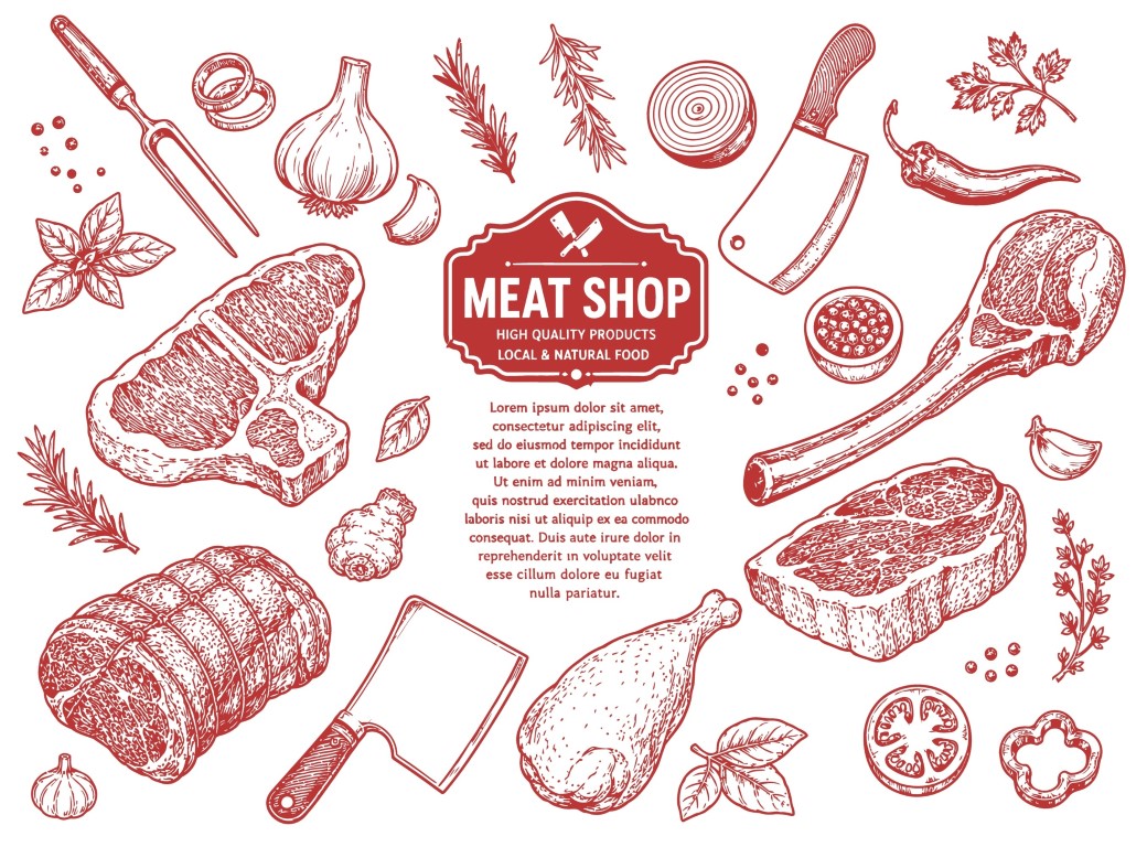 Premium quality meat shop products and butcher elements sketch.