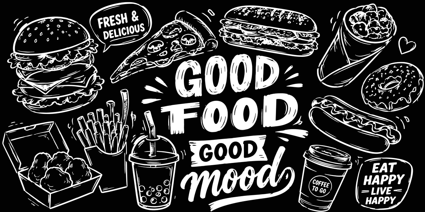 Fast food chalk lettering background with hand drawn burger pizza and drinks.