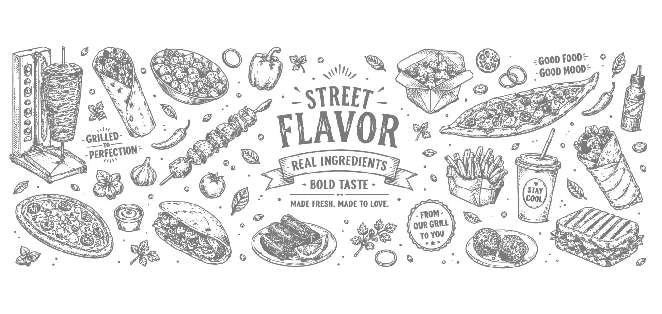 Street food vintage sketch background with diverse traditional fast food meals.