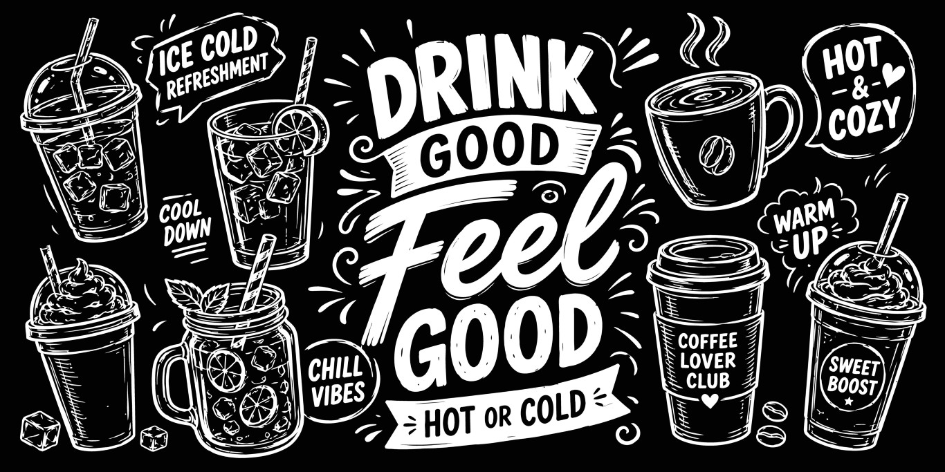 Chalkboard beverages lettering background with hot and cold drinks sketches.