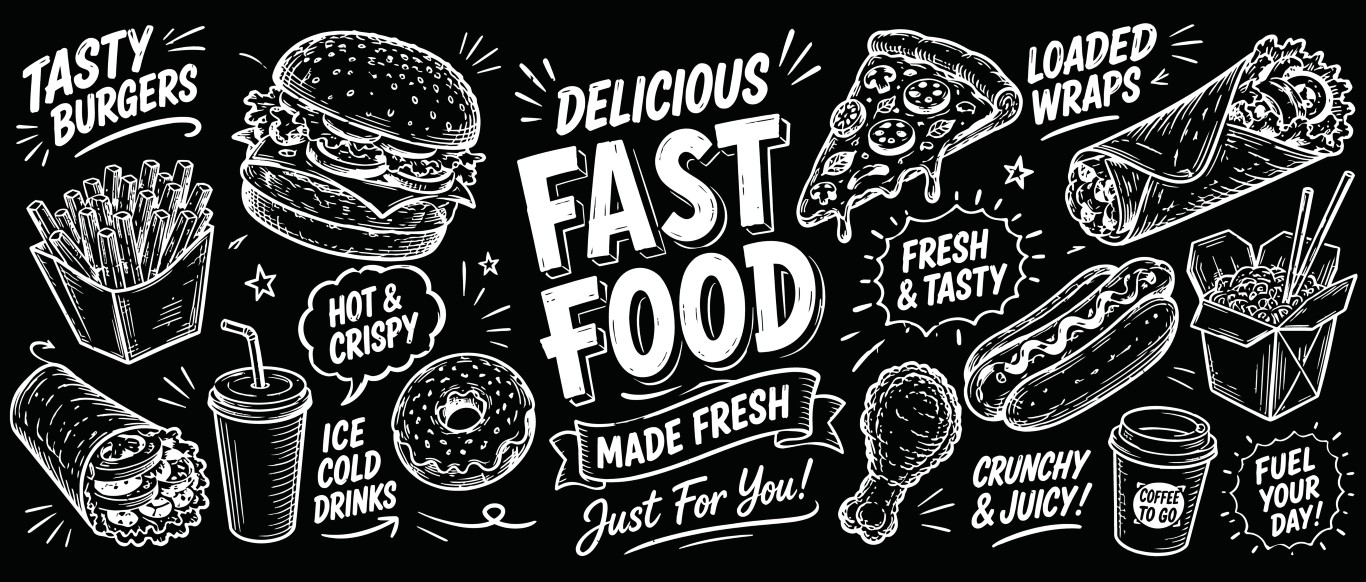 Ultimate delicious fast food variety chalkboard mural design.