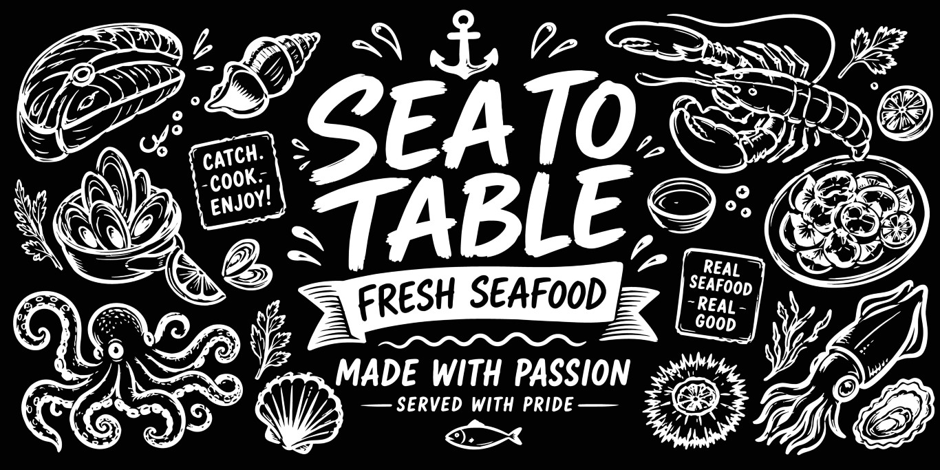 Chalkboard style fresh seafood restaurant menu design template.