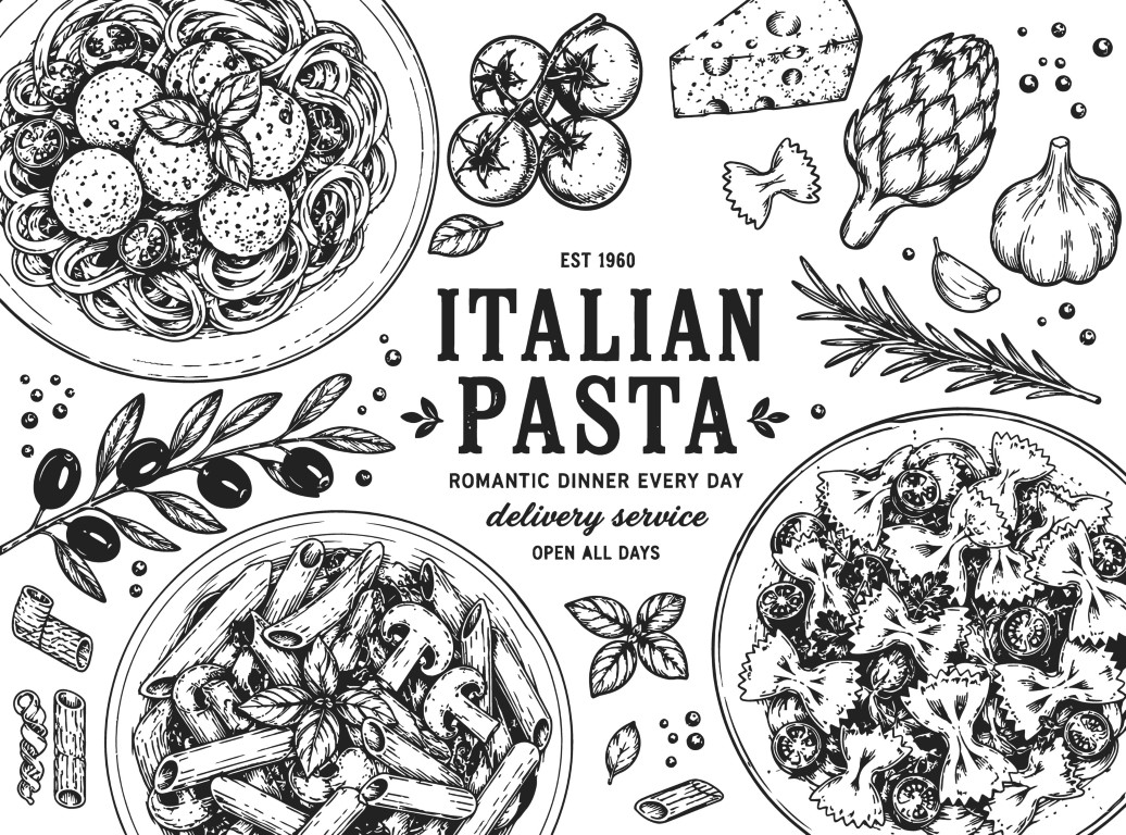 Italian pasta sketch banner with traditional spaghetti and penne dishes.