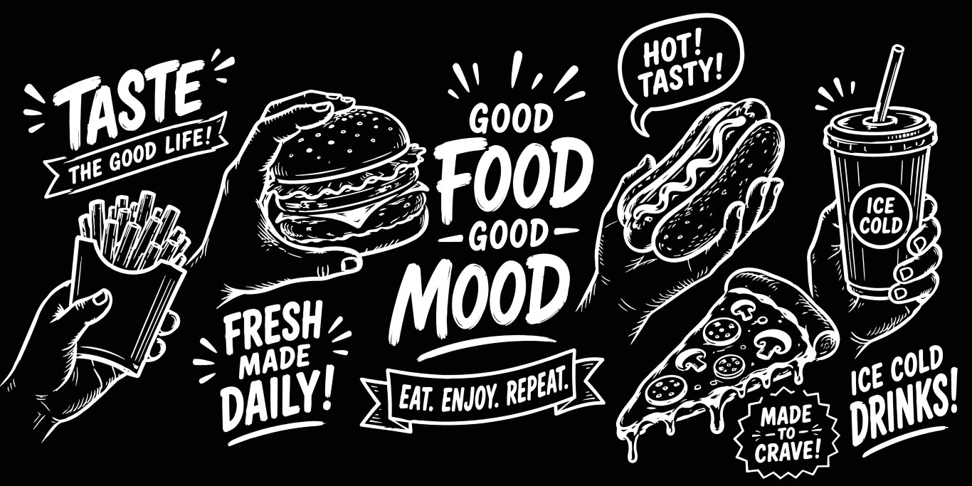 Fast food chalkboard background with hands holding burger pizza slice and hot dog.