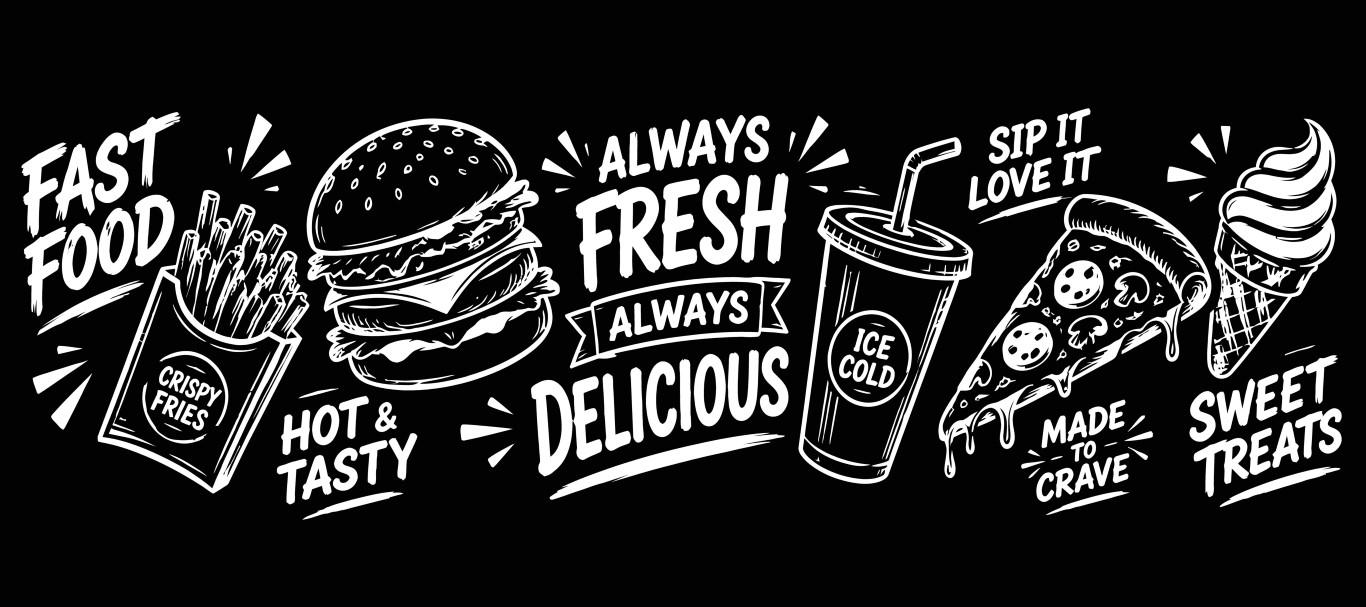 Fast food chalk lettering banner with burger french fries and pizza slice.