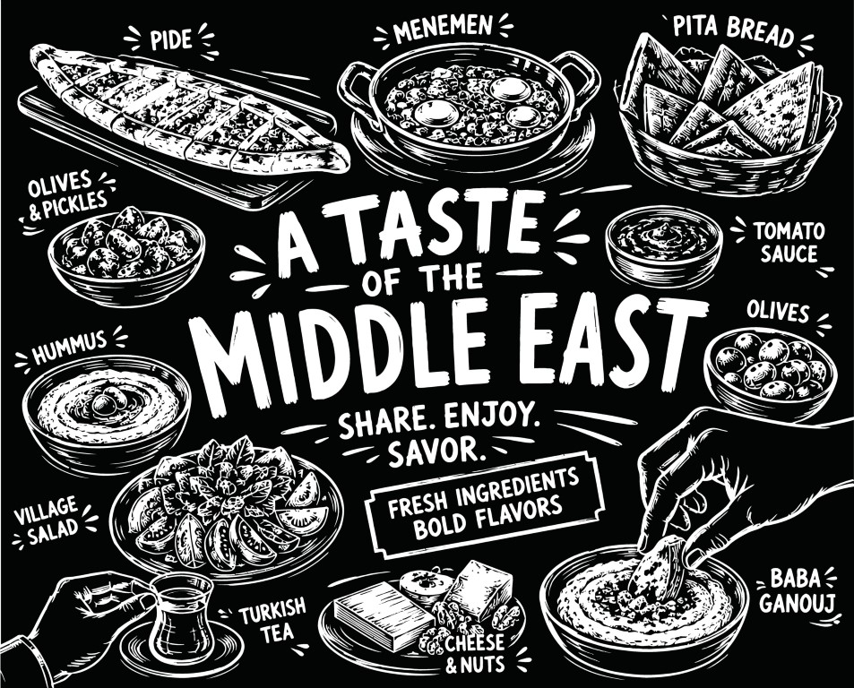 Middle Eastern food chalkboard background with traditional meze dishes.