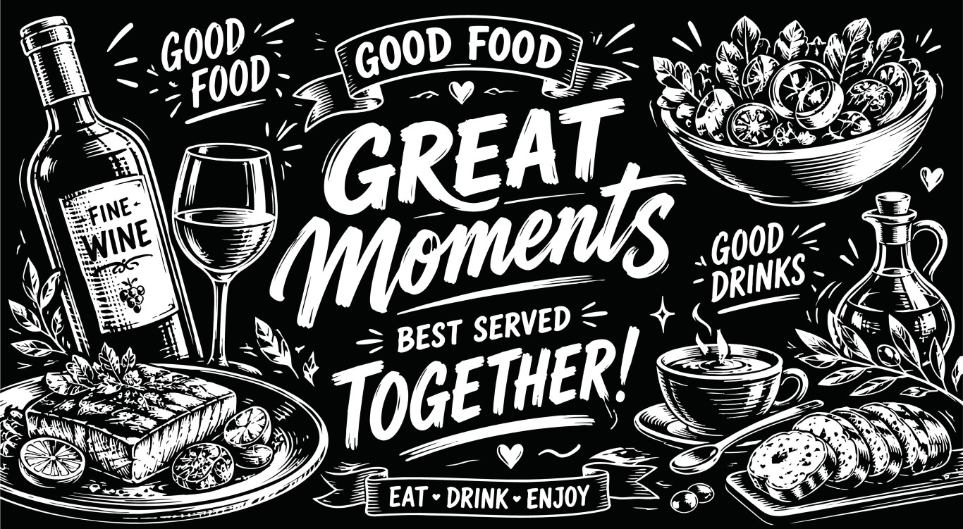 Chalkboard menu layout with hand drawn fine wine and gourmet food illustration.