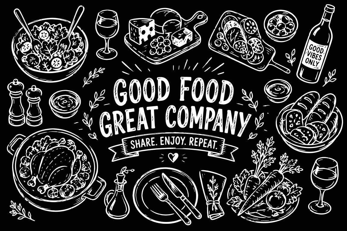Chalkboard graphic of complete dinner table setting with hand drawn food and wine.