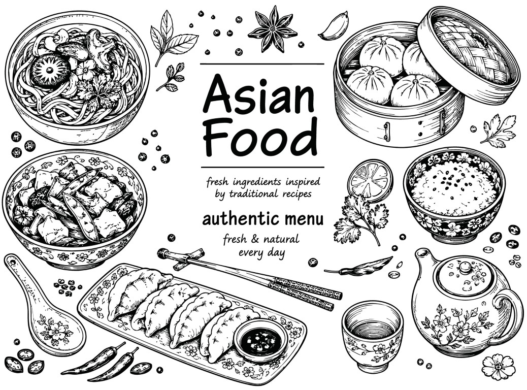 Hand drawn asian food menu collection with authentic oriental dishes on white background.