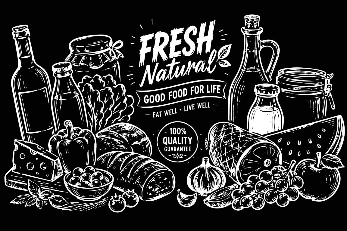 Chalkboard background with fresh natural organic food elements and ingredients.