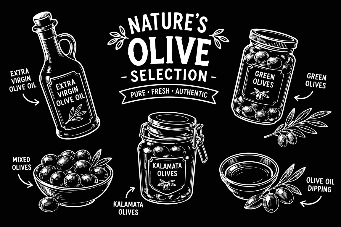Chalkboard background with natural olive oil and organic olive product selection.