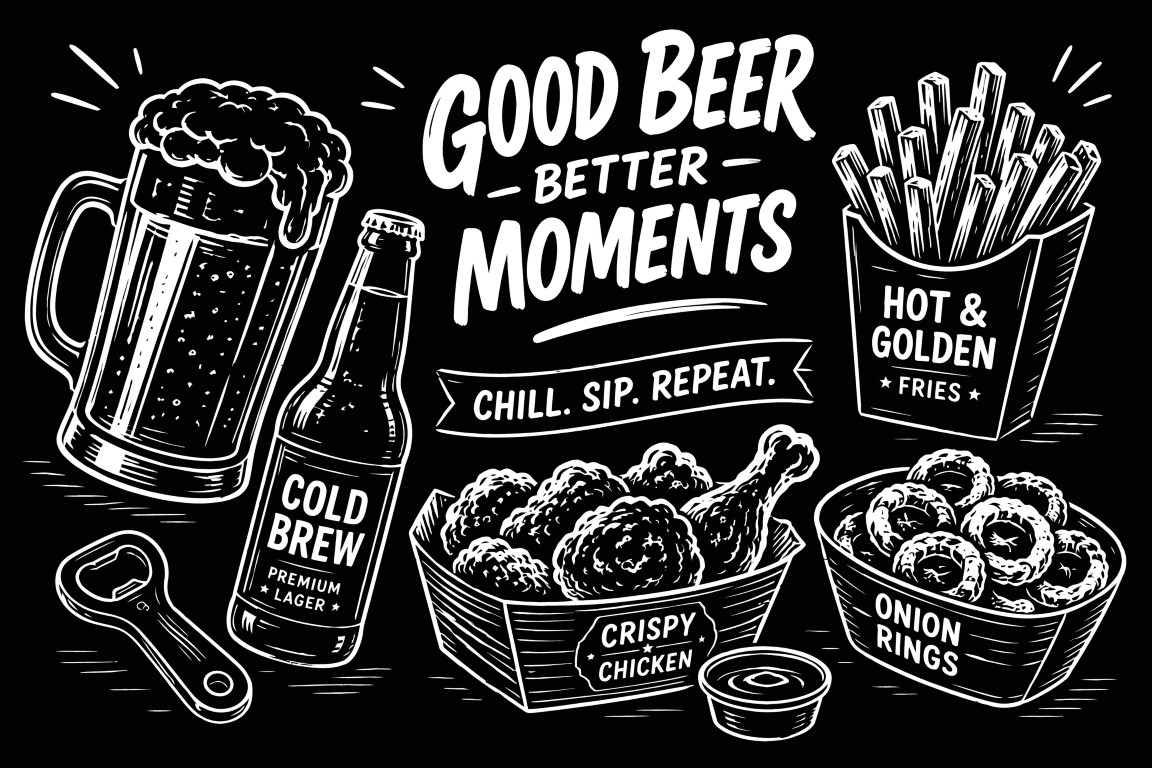 Chalkboard craft beer menu elements with cold brew and salty snacks.
