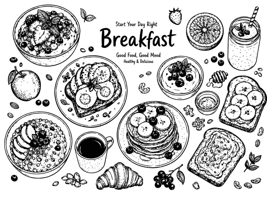 Healthy breakfast food elements set on clean isolated white background.