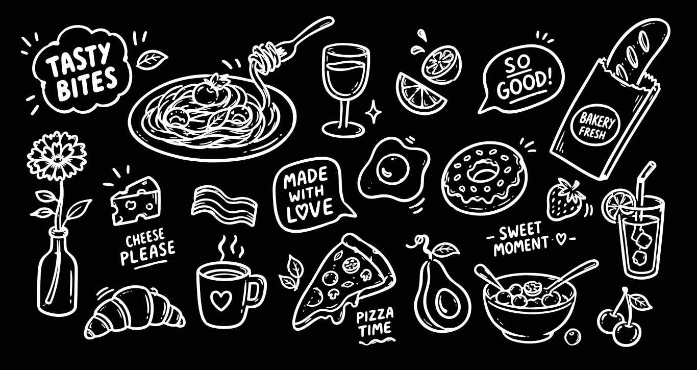 Chalkboard elements of tasty bites pasta wine coffee and morning snacks.