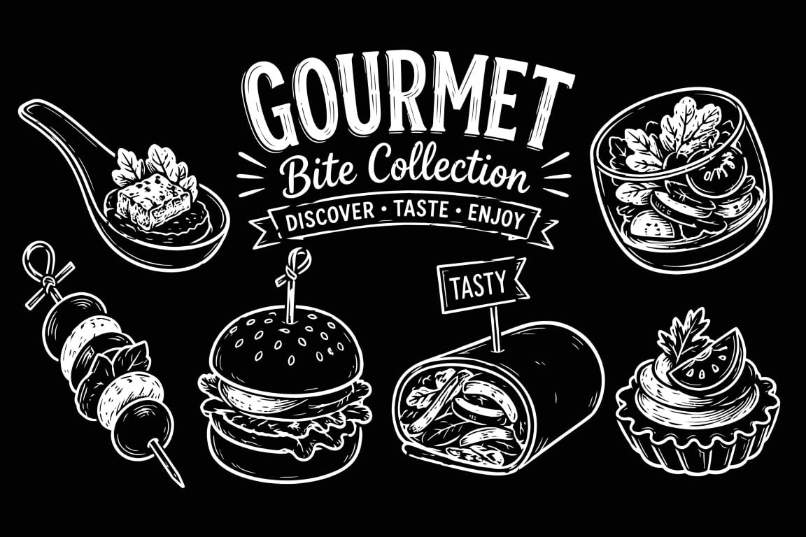 Gourmet bite collection with chalkboard style street food elements.