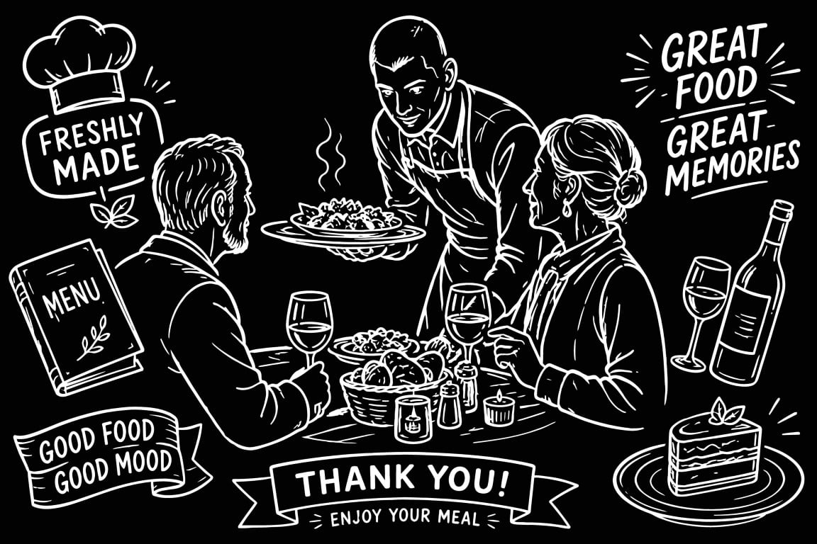 Senior couple enjoying a romantic dinner served by a waiter.