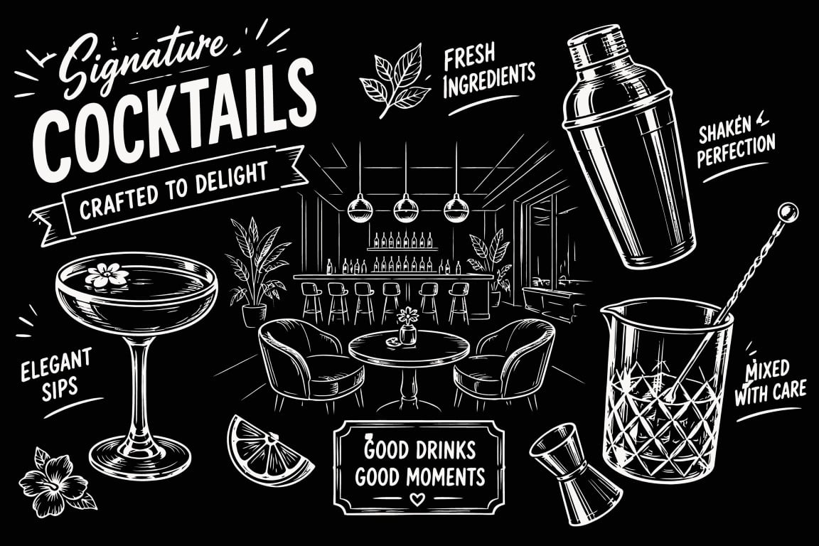 Signature Cocktails Crafted To Delight Elegant Bar Lounge Interior Design Background.