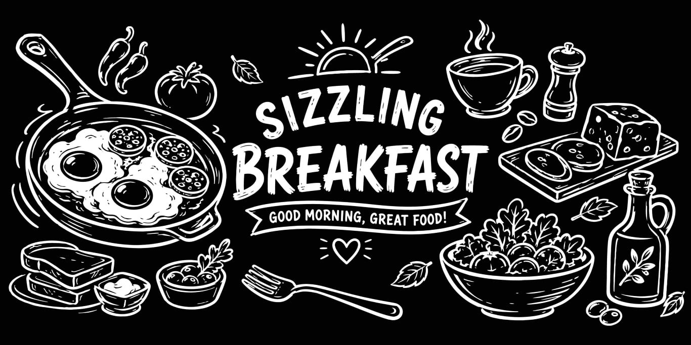 Sizzling Breakfast Good Morning Great Food Chalkboard Concept With Fried Eggs And Coffee.