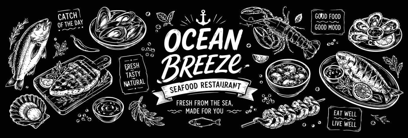 Fresh Ocean Breeze Seafood Restaurant Menu Banner Design in Chalk Style.