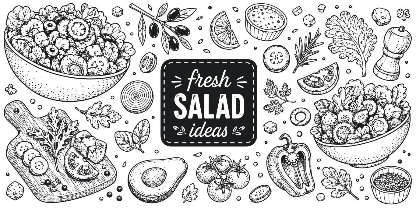 Fresh salad ideas organic healthy food hand drawn sketch banner design.