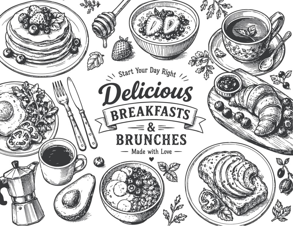 Delicious breakfast and brunch hand drawn sketch food banner menu.