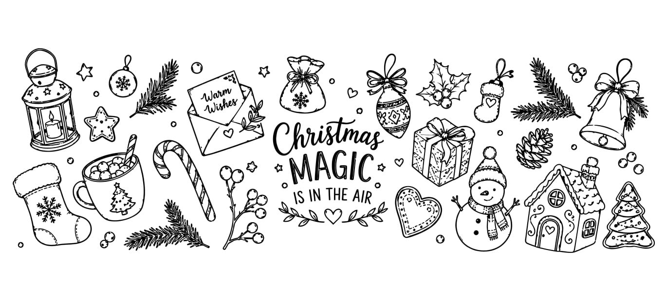 Christmas magic holiday elements hand drawn sketch horizontal banner design.