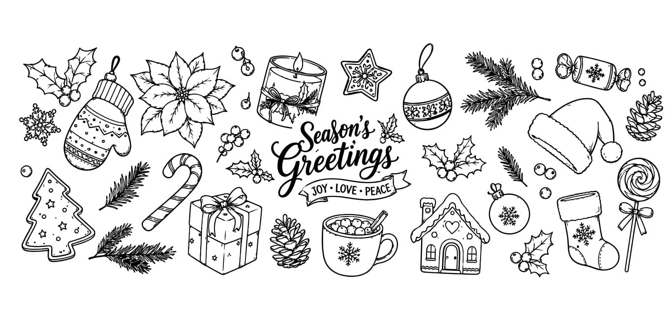 Christmas and winter holiday hand drawn doodle elements seamless horizontal banner.