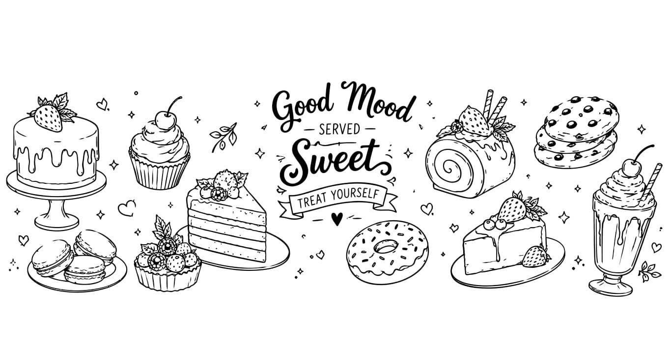 Sweet dessert and pastry hand drawn sketch banner with cakes and cookies.