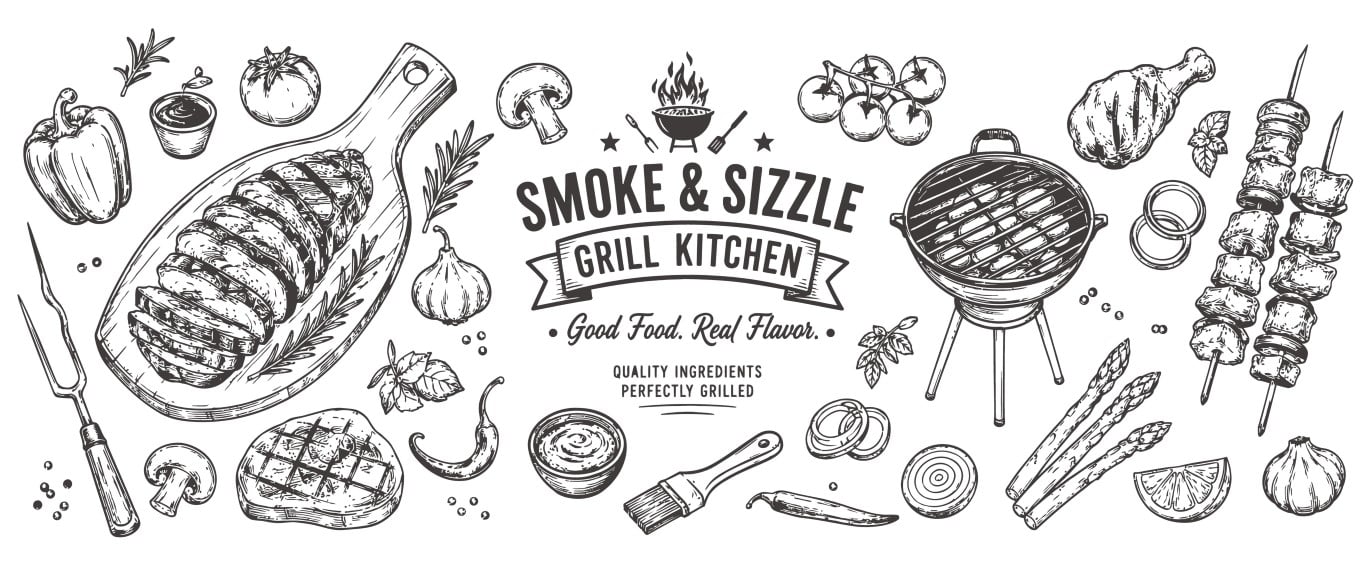 Vintage hand drawn grill kitchen and barbecue banner design with grilled meat and vegetables.